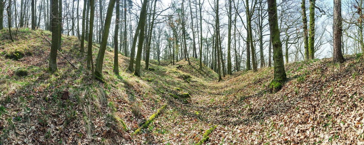 Opevnění akropole od východu. Vlevo akropole, vpravo val, uprostřed ulicovitá brána.