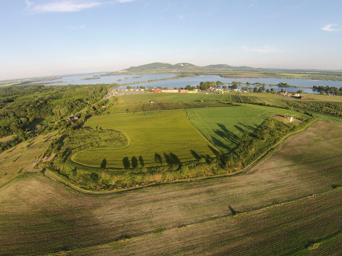 View of the site from a drone, from the north-west, with the Pálava Hills in the background.